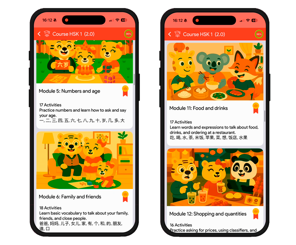 Thematische Module im HSK1-Kurs in der Chinesimple-App