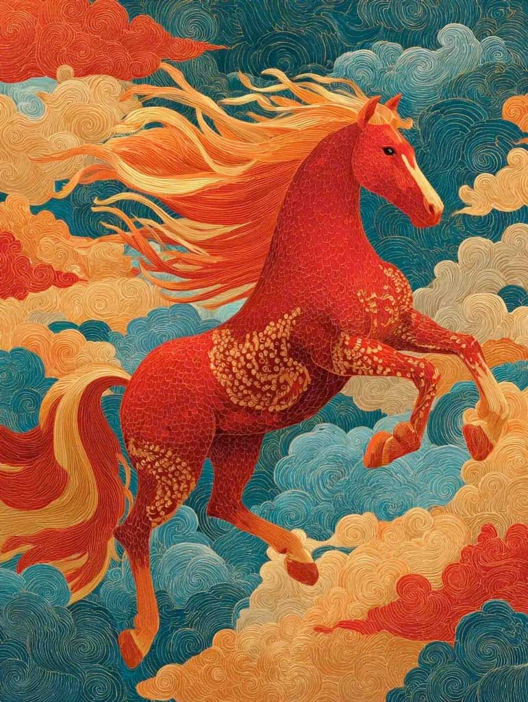Ilustración del Caballo de Fuego, símbolo del Año Nuevo chino 2026 y de energía, transformación y cambio