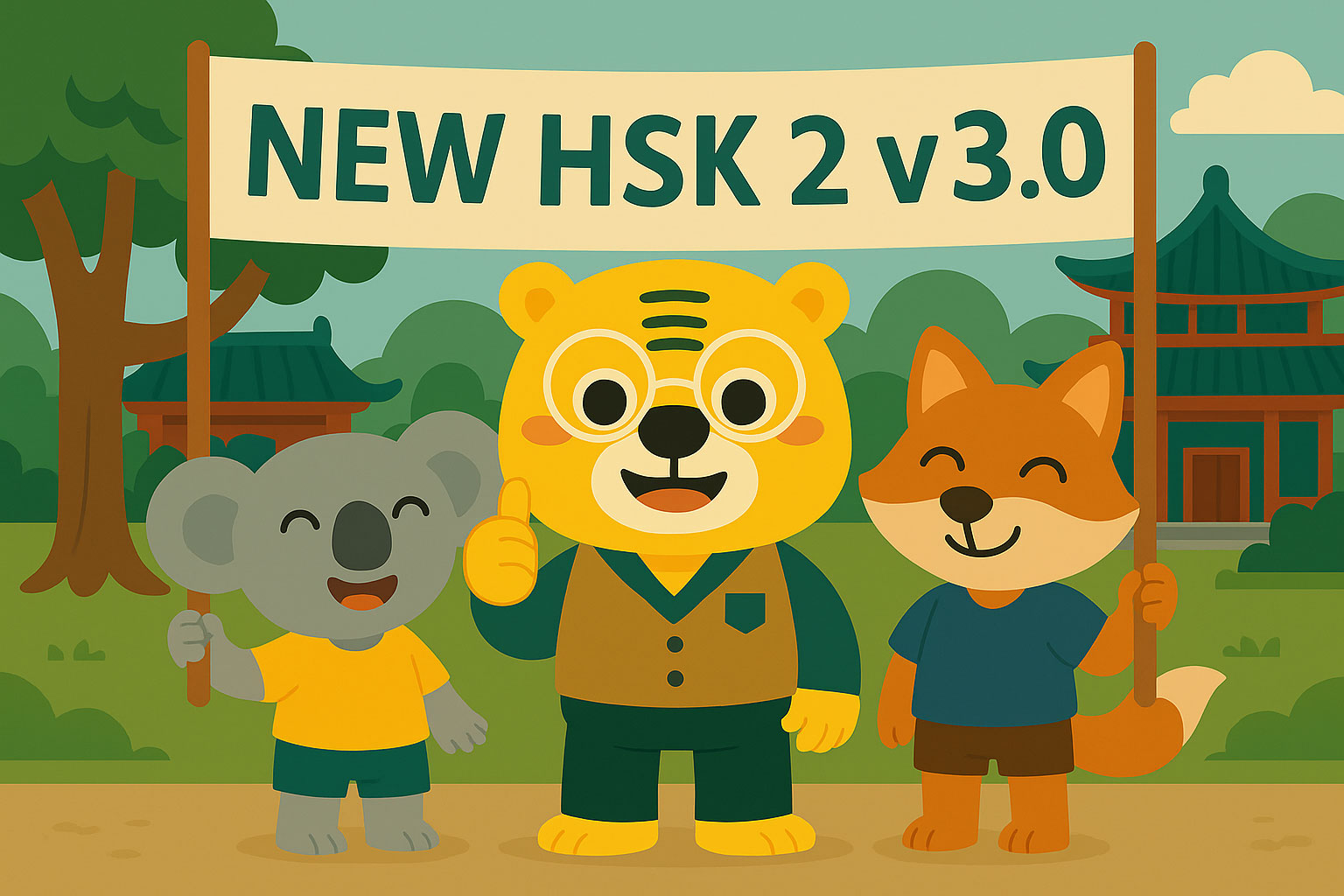 Иллюстрация в мультяшном стиле: Бинго и два ученика с баннером HSK 2 v3.0 в традиционном китайском парке