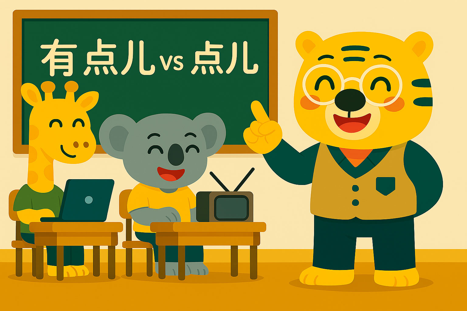 Illustration éducative avec des animaux anthropomorphes apprenant la différence entre 有点儿 et 一点儿 en chinois