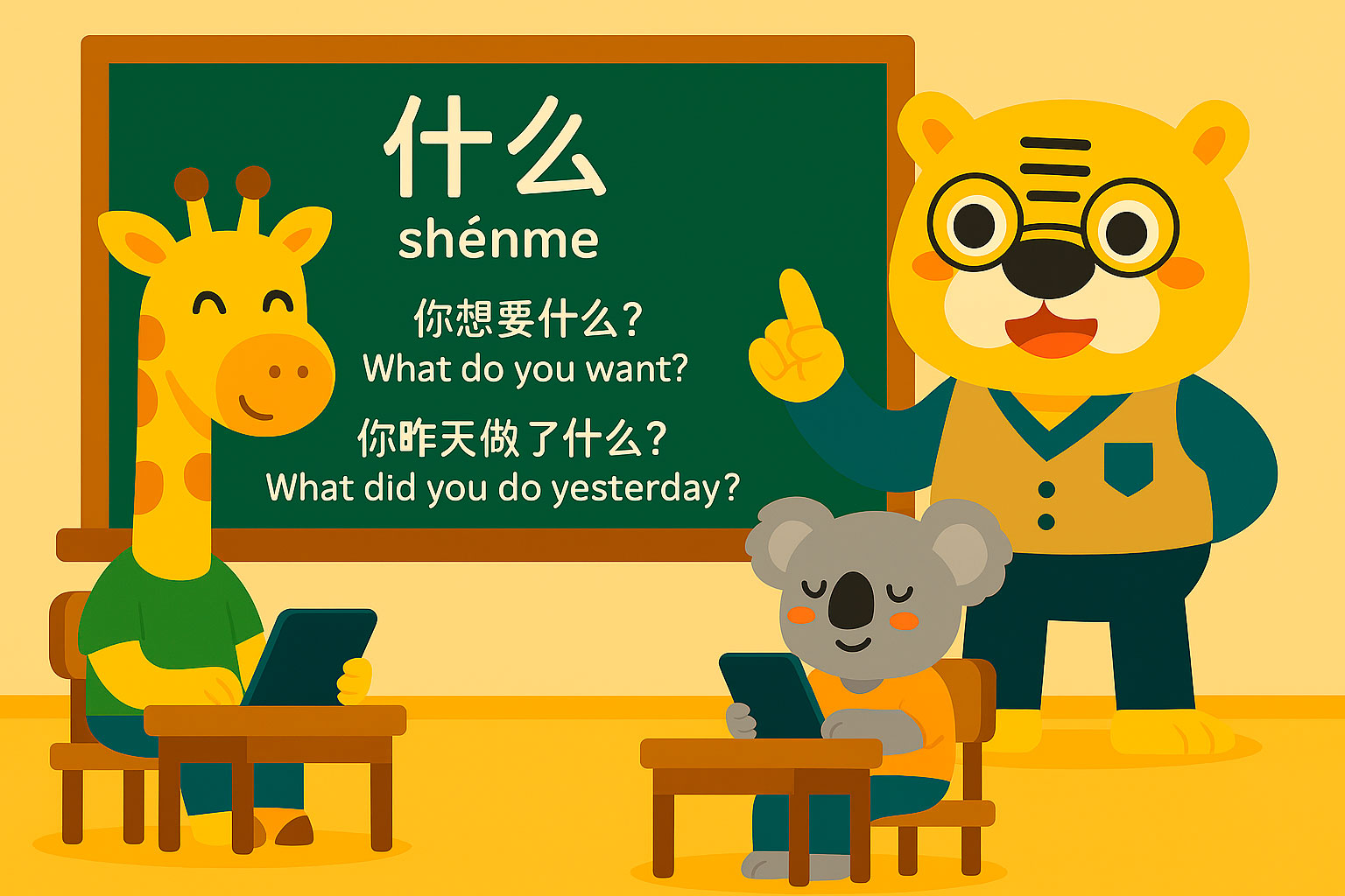 Ilustración de Bingo explicando el uso de 什么 en clase con ejemplos en la pizarra y sus alumnos jirafa y koala.