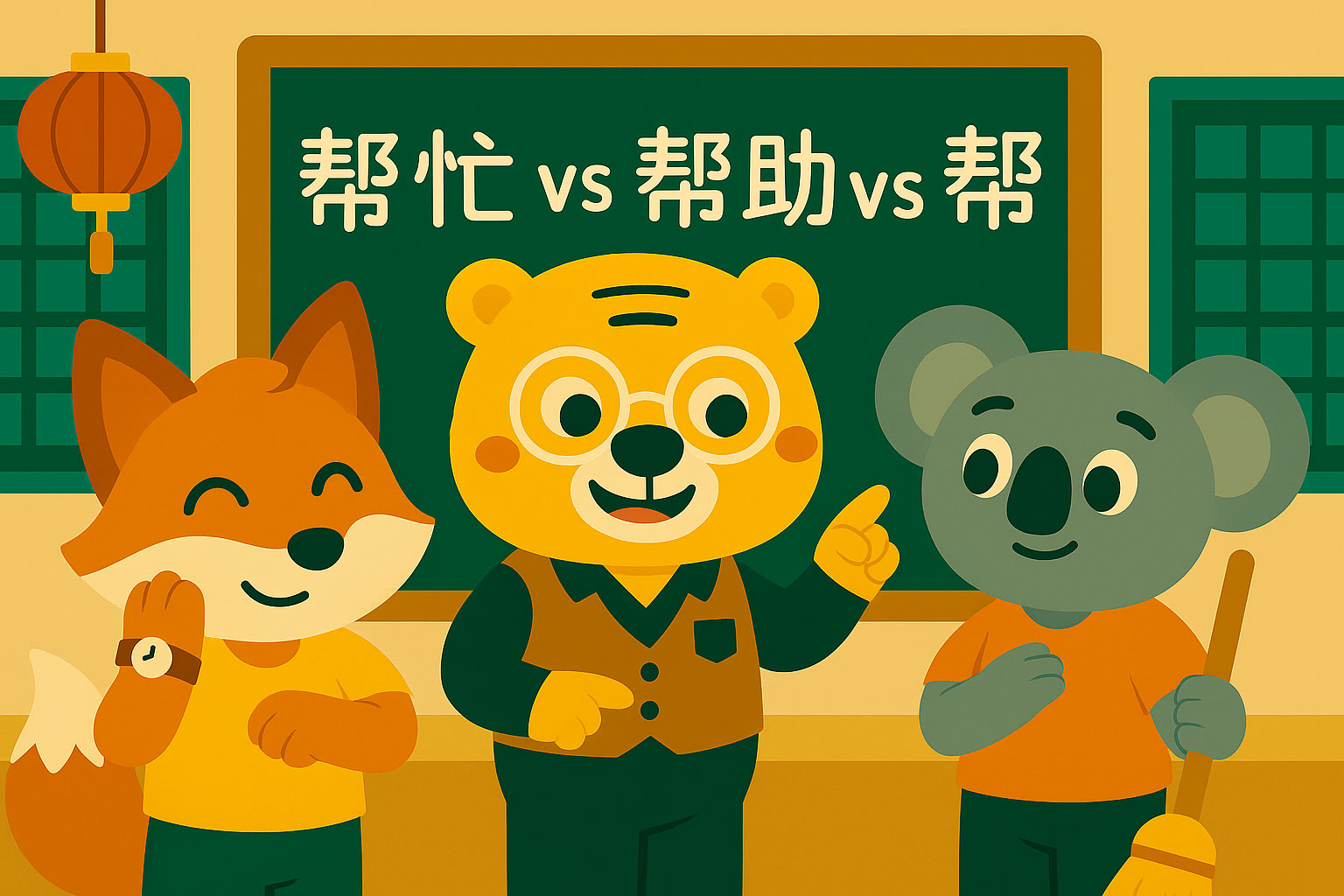Ilustración de estilo cartoon con los personajes Bingo, Zhang Xiao y Hu Xinyu explicando las diferencias entre los verbos chinos 帮忙, 帮助 y 帮 en clase