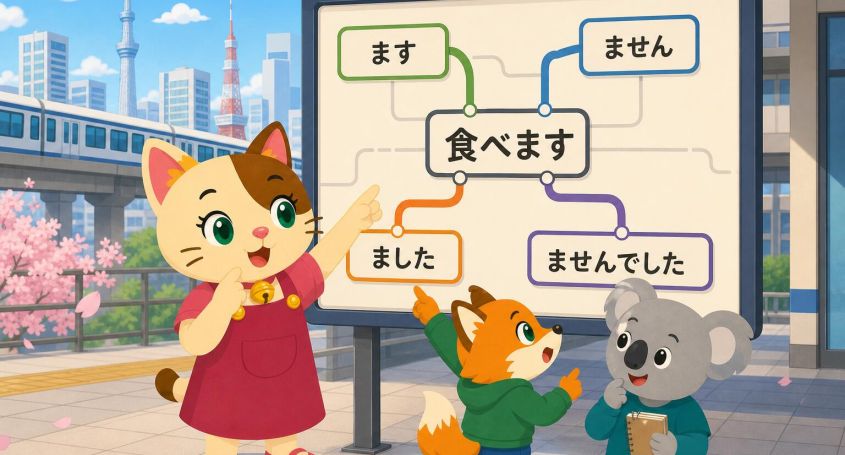 Tabla de conjugación básica de verbos japoneses en forma masu con ejemplos