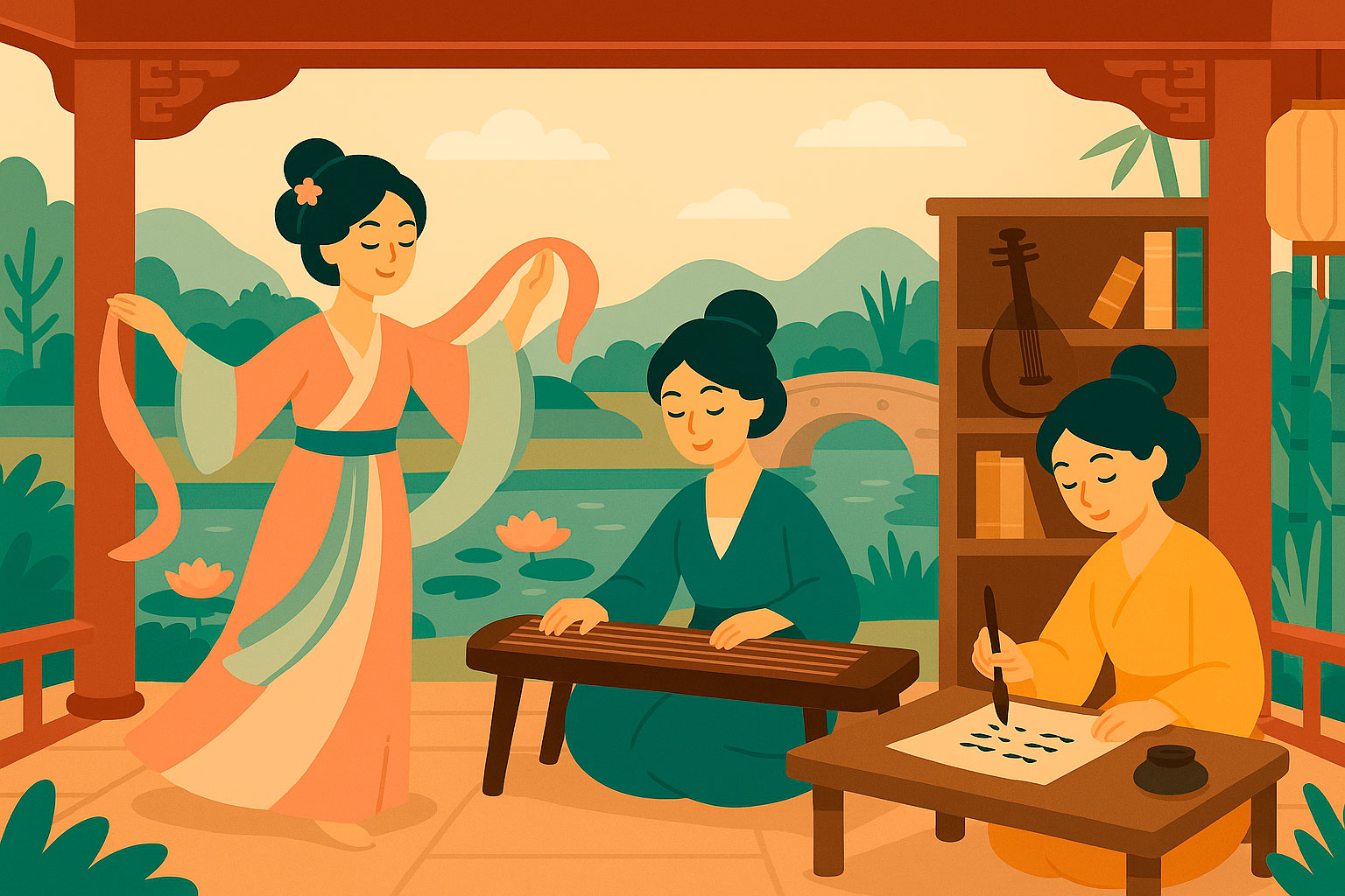 Ilustración en estilo flat de tres mujeres de la China antigua: una bailarina, una música tocando un guzheng y una poetisa practicando caligrafía en u