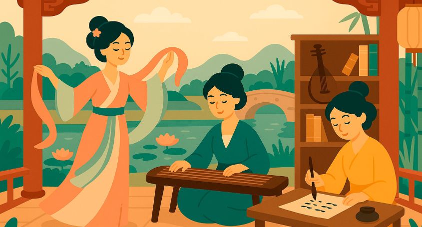 Ilustración en estilo flat de tres mujeres de la China antigua: una bailarina, una música tocando un guzheng y una poetisa practicando caligrafía en u