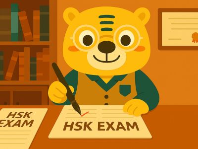 Bingo correcting HSK exams in the library at Khanji School