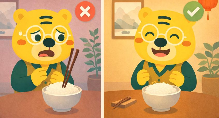 Bingo montre la mauvaise et la bonne façon de poser des baguettes chinoises à côté d’un bol de riz dans une scène divisée