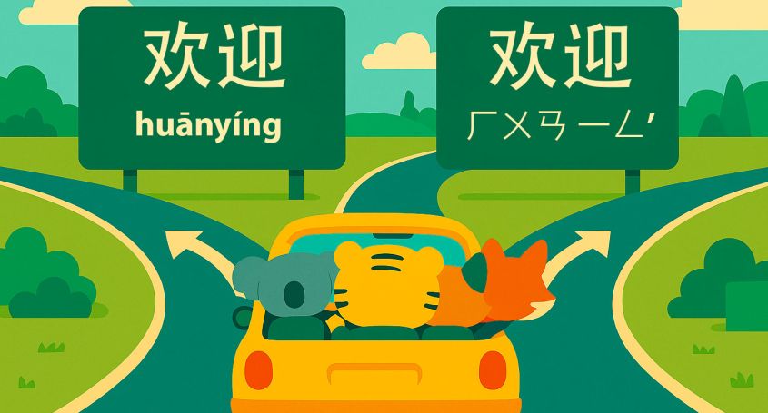 Illustration von Bingo, der mit zwei Schülern ein Auto fährt und auf einer Autobahn zwischen Pinyin und Zhuyin den Zhuyin-Weg wählt