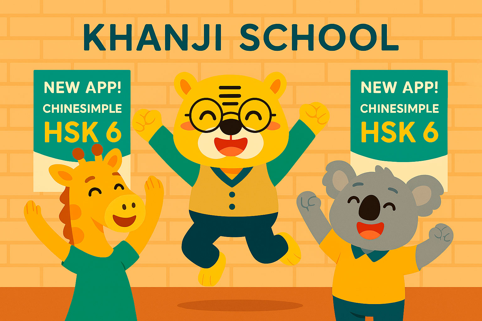 Illustration of Bingo, a giraffe, and a koala celebrating the release of Chinesimple HSK6 in front of Khanji School with posters of the app