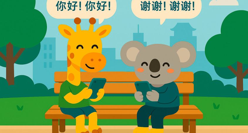 Ilustración en estilo flat 2D que muestra a los alumnos jirafa y koala sentados en un banco usando la app Chinesimple por primera vez en sus móviles. 