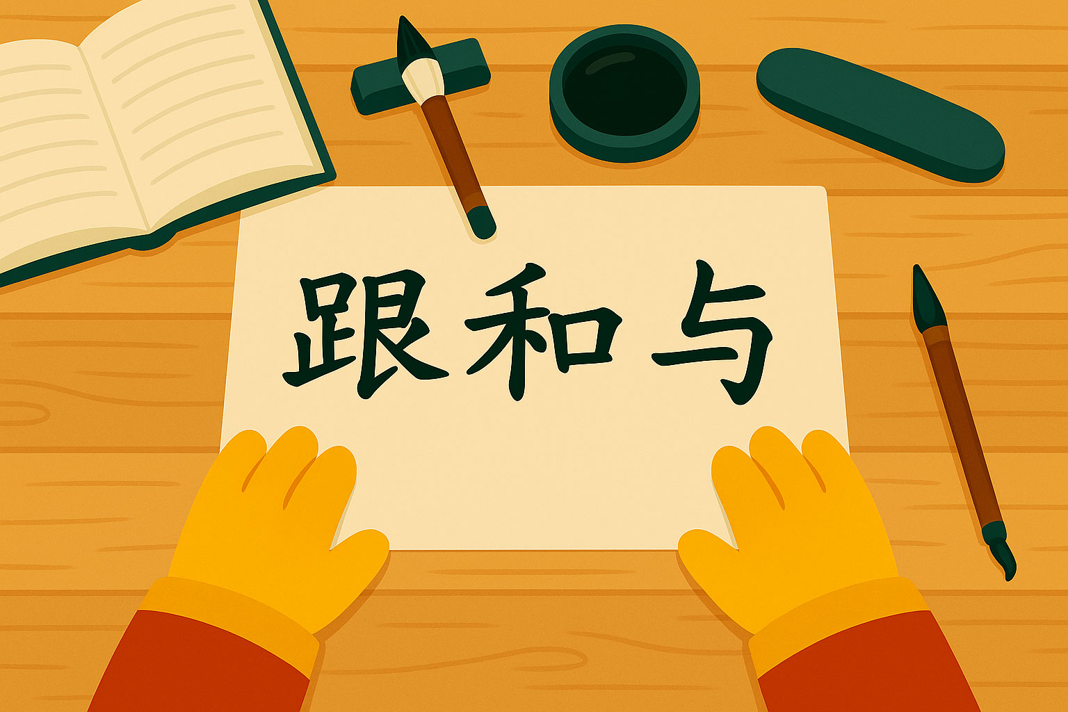 Vue du dessus d’un bureau de calligraphie avec les mots 跟, 和 et 与 écrits sur une feuille, entourés de pinceaux, d’un encrier et des mains d’un personn