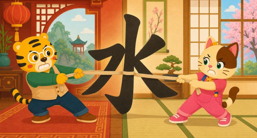 Sakura und Bingo ziehen an einem großen Kanji 水 zur Erklärung chinesischer Schriftzeichen im Japanischen