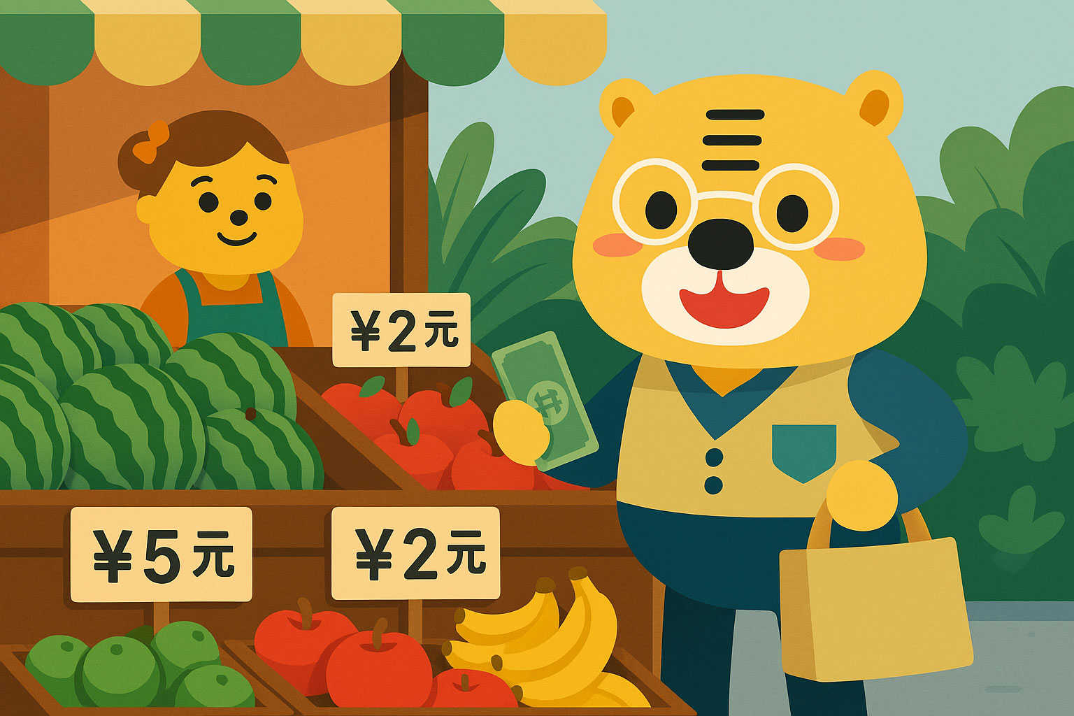 Illustrazione in stile flat di Bingo che compra frutta in un mercato cinese con cartelli dei prezzi in 元, 角 e 分