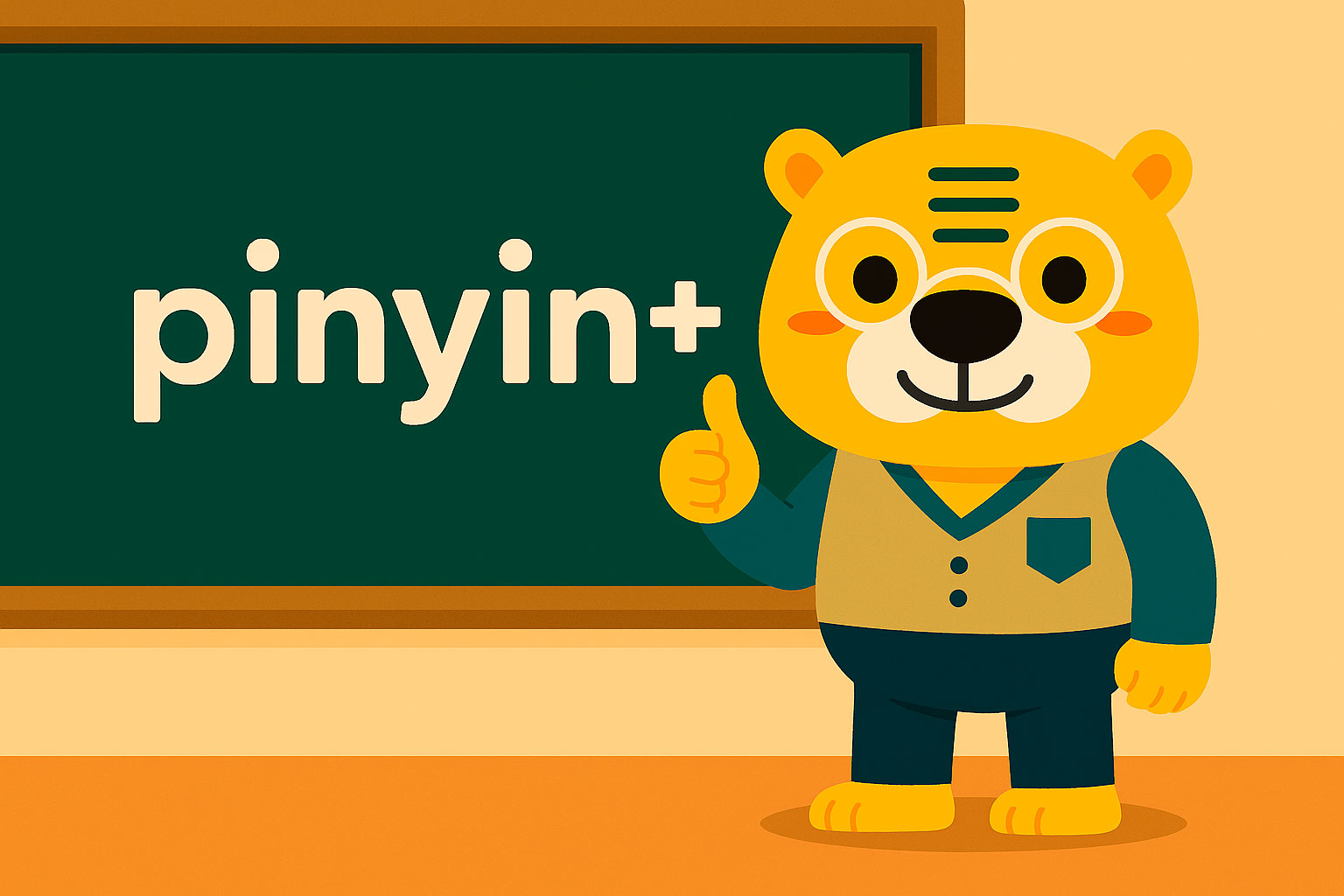 Цифровая иллюстрация в стиле flat 2D: Бинго стоит у доски в Khanji School и показывает жест OK. На доске написано "[pinyin]+", что символизирует особы