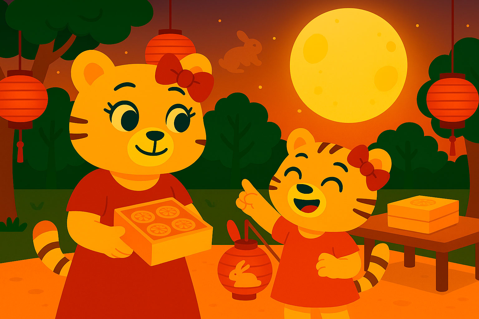 Illustration en style flat de Li Mei et sa fille Li Hua célébrant la fête de la mi-automne dans un décor chinois traditionnel