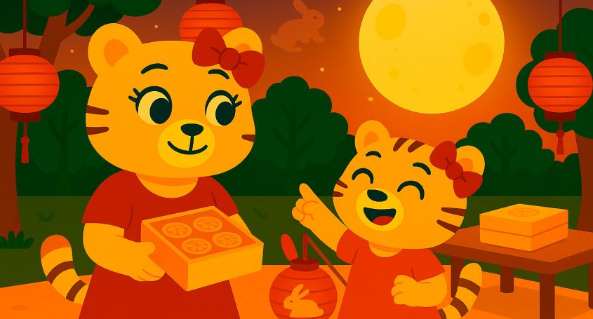 Illustration en style flat de Li Mei et sa fille Li Hua célébrant la fête de la mi-automne dans un décor chinois traditionnel