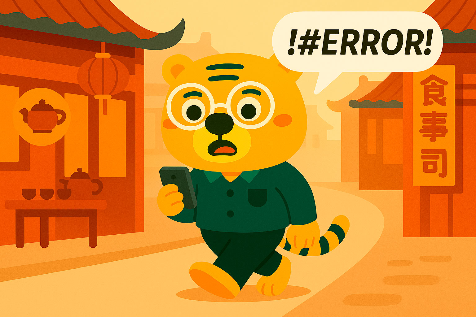 Illustrazione di Bingo con il suo smartphone in una strada cinese tradizionale con un fumetto di errore
