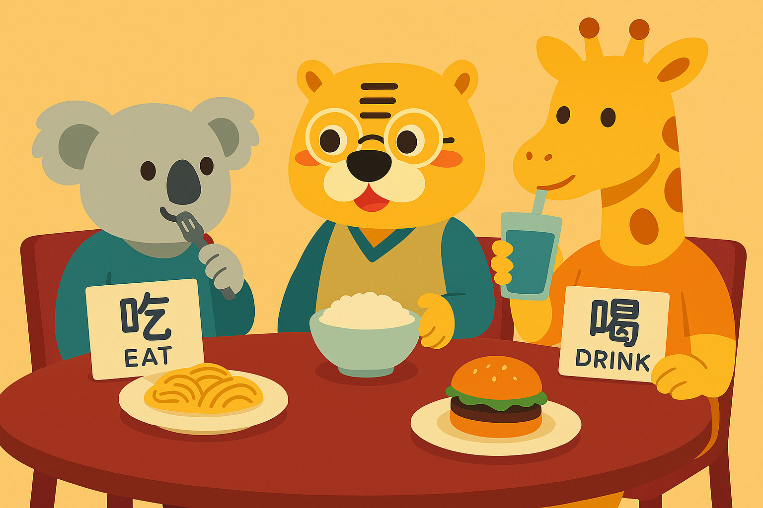 Ilustración de estilo flat con Bingo en un restaurante junto a una jirafa bebiendo y un koala comiendo, cada uno con carteles de verbos chinos