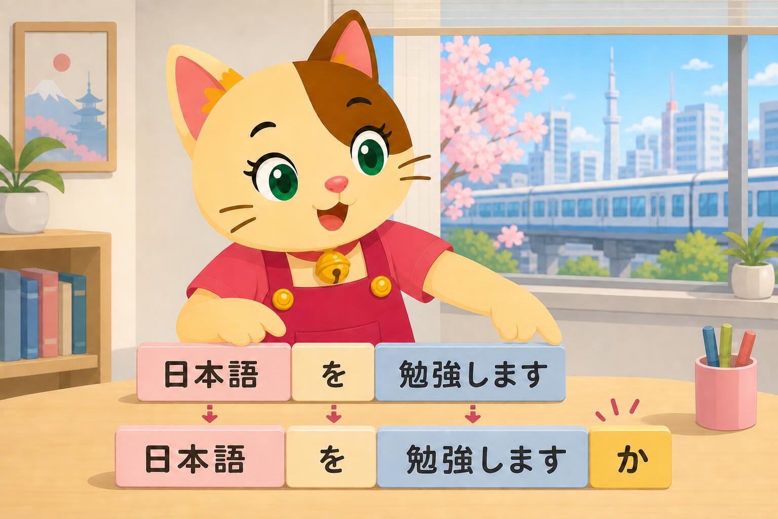 Example of a yes-or-no question in Japanese with the particle ka and the same word order