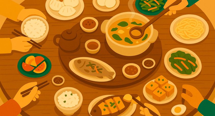 Basic Chinese food vocabulary with traditional dishes Round table with traditional Chinese dishes to learn food vocabulary in Chinese