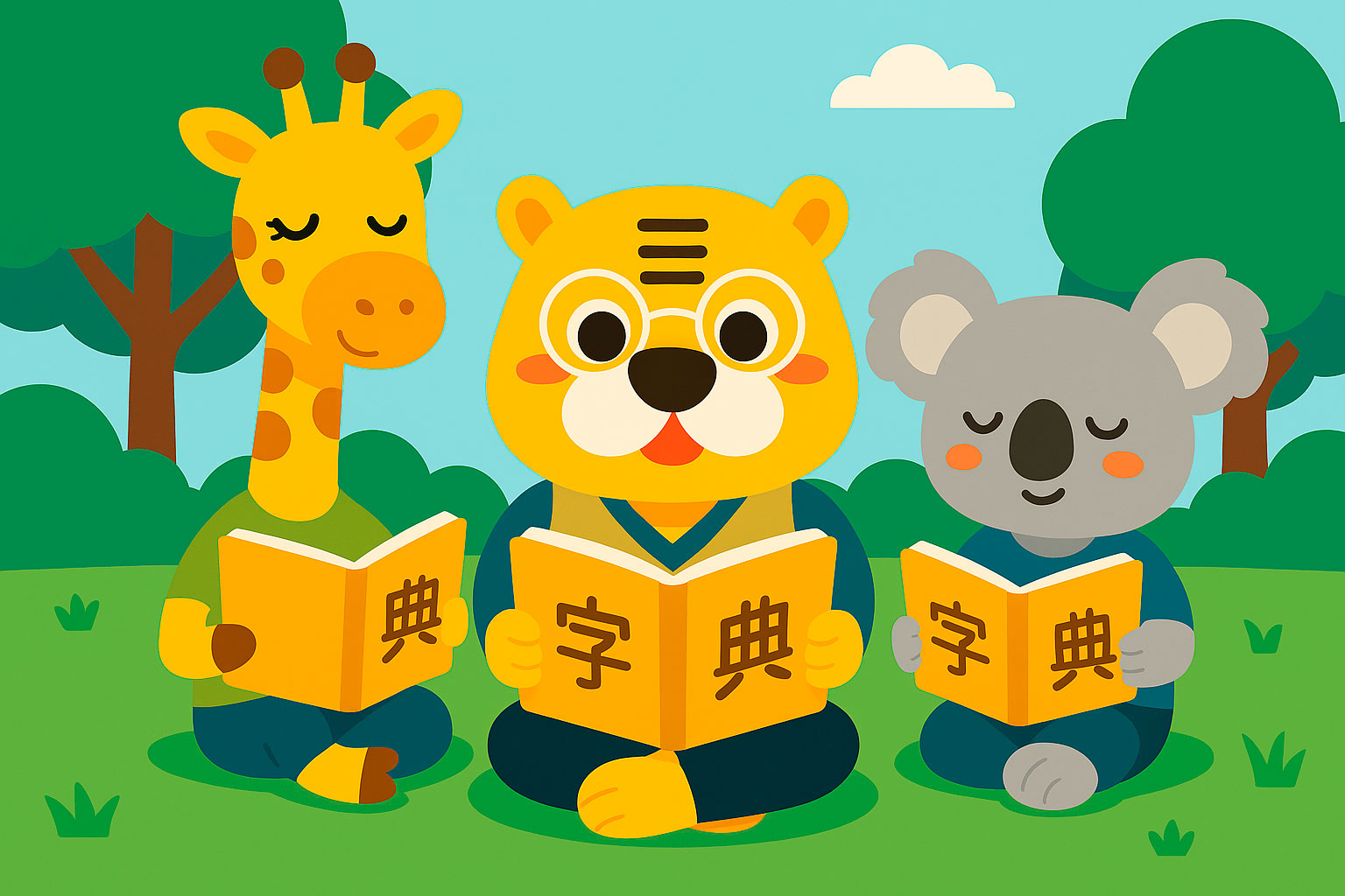Flache Illustration von Bingo und seinen Schülern beim Übersetzen chinesischer Wörter mit Wörterbüchern im Park