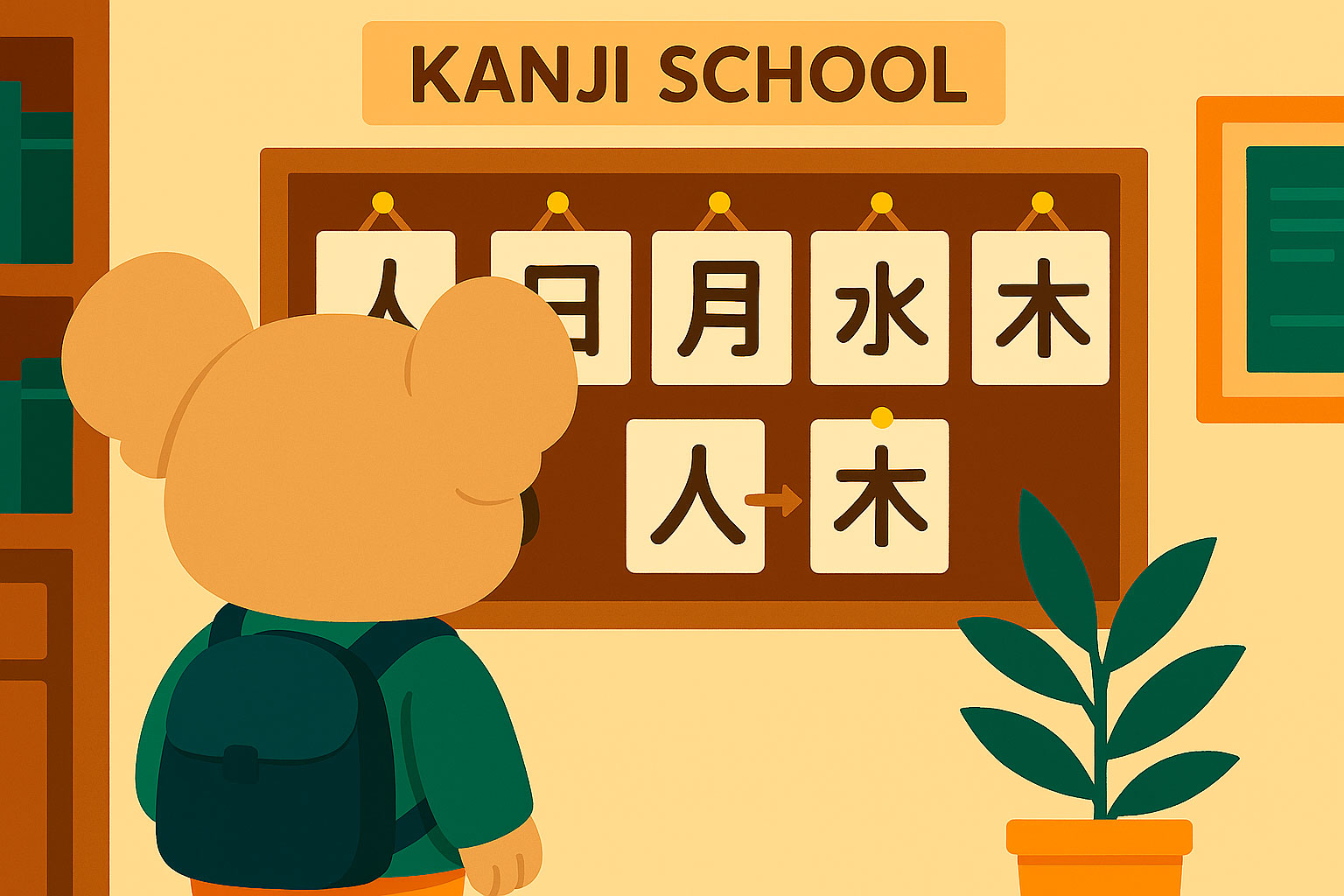 Flat 2D illustration of a koala student looking at a bulletin board at Khanji School, featuring Chinese characters: 人, 日, 月, 水, 风, 木.