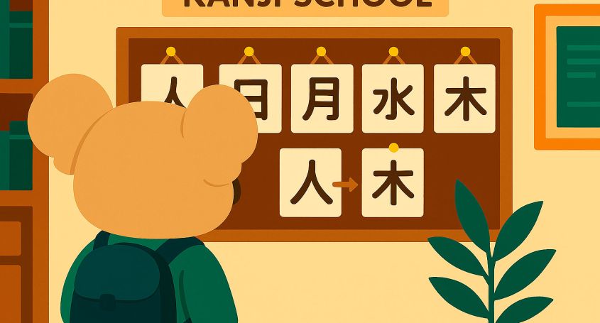 Flat 2D illustration of a koala student looking at a bulletin board at Khanji School, featuring Chinese characters: 人, 日, 月, 水, 风, 木.