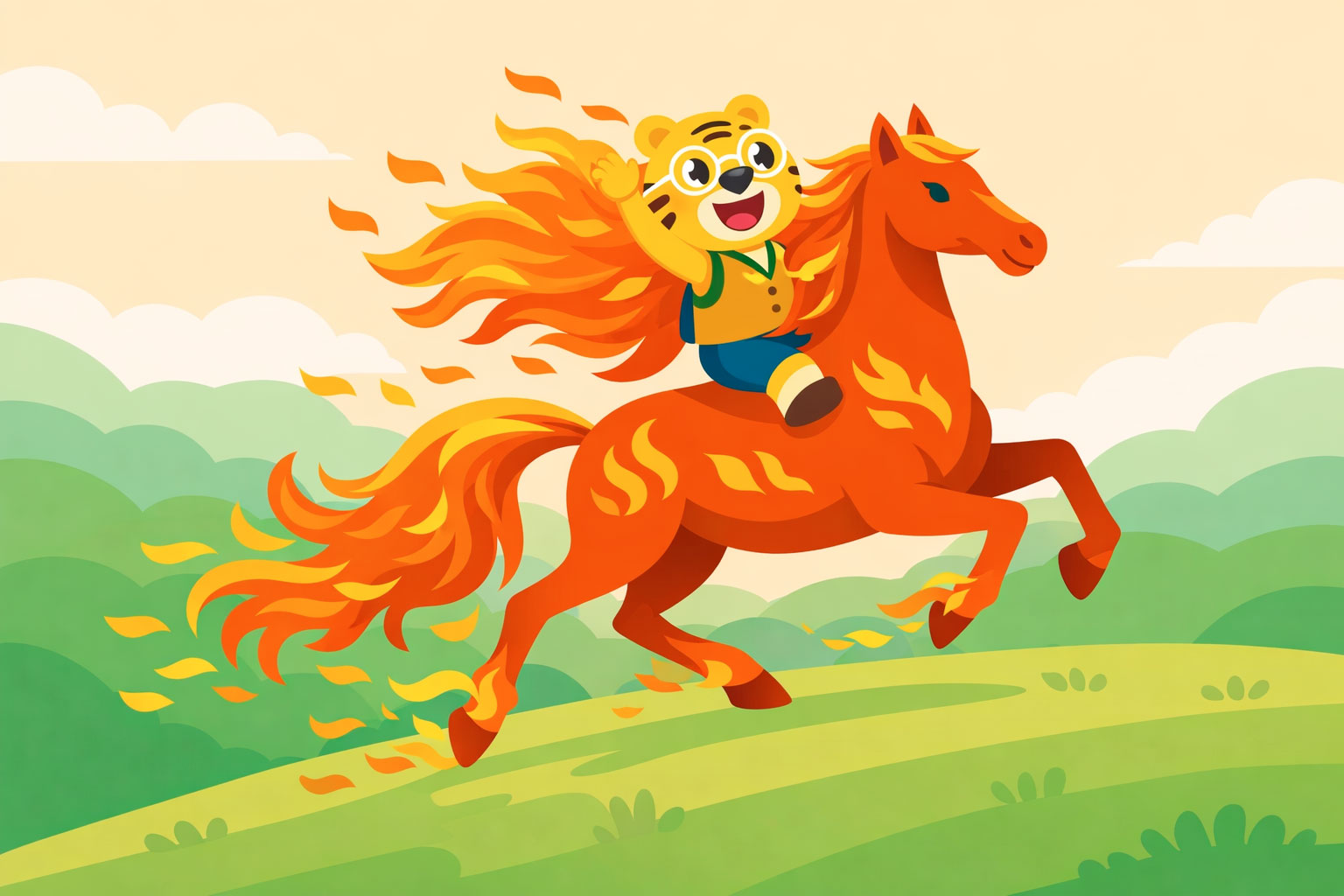 Bingo cavalca un elegante Cavallo di Fuoco su colline verdi, simbolo dell’Anno del Cavallo di Fuoco nella cultura cinese.
