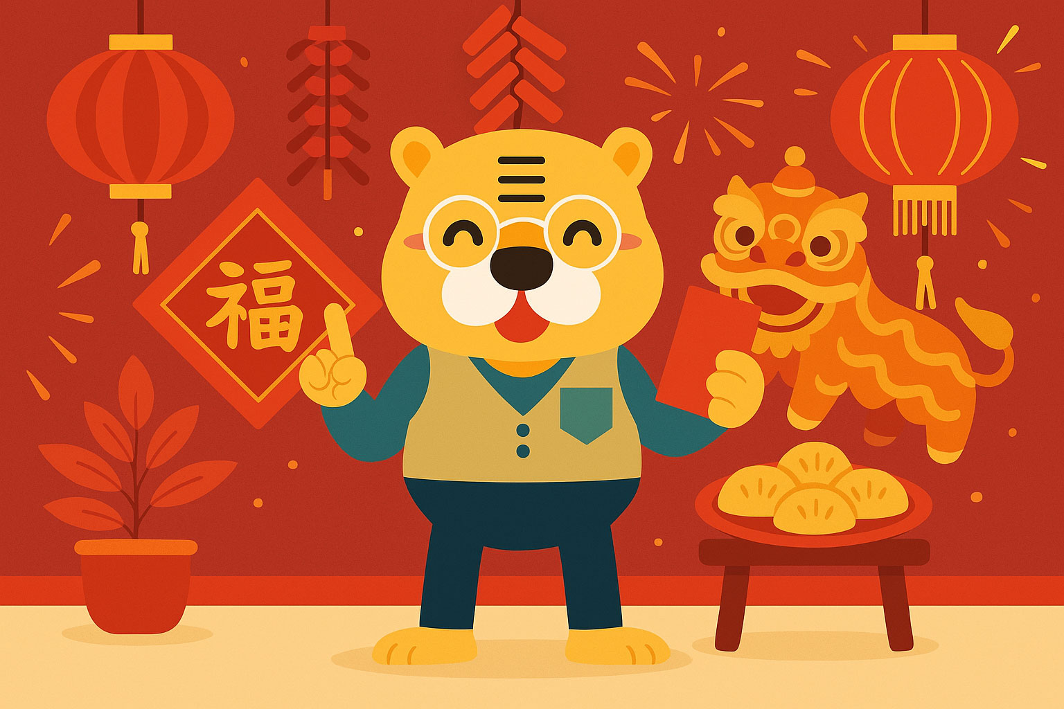 Flat-Style-Illustration von Bingo beim Feiern des chinesischen Neujahrs mit Laternen, roten Umschlägen und traditionellen Dekorationen