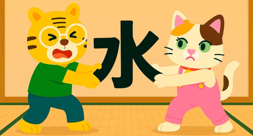 Flat 2D digital illustration of Bingo and Sakura on a tatami, each pulling on the large kanji 水 from opposite sides in a playful scene about Chinese k
