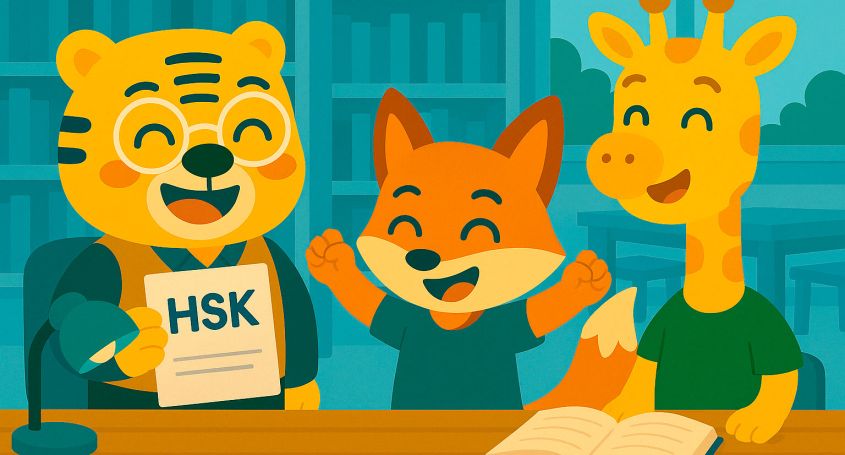 Illustration of Bingo and students discovering fun facts about the HSK Chinese exam.