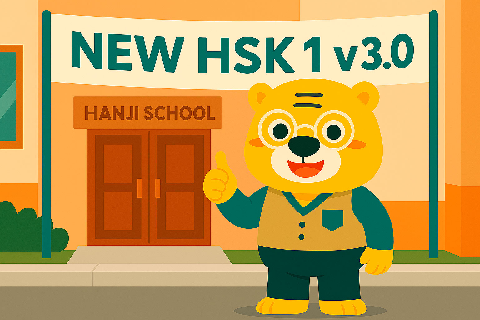 Ilustración de estilo flat con Bingo en la entrada de Khanji School celebrando el lanzamiento del nuevo listado HSK 1 v3.0 con una gran pancarta