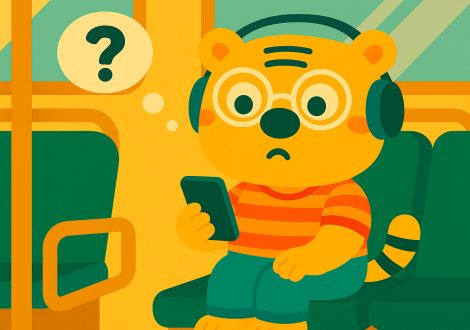 Bingo sull’autobus con le cuffie, mentre prova ad ascoltare un audio TTS su Android