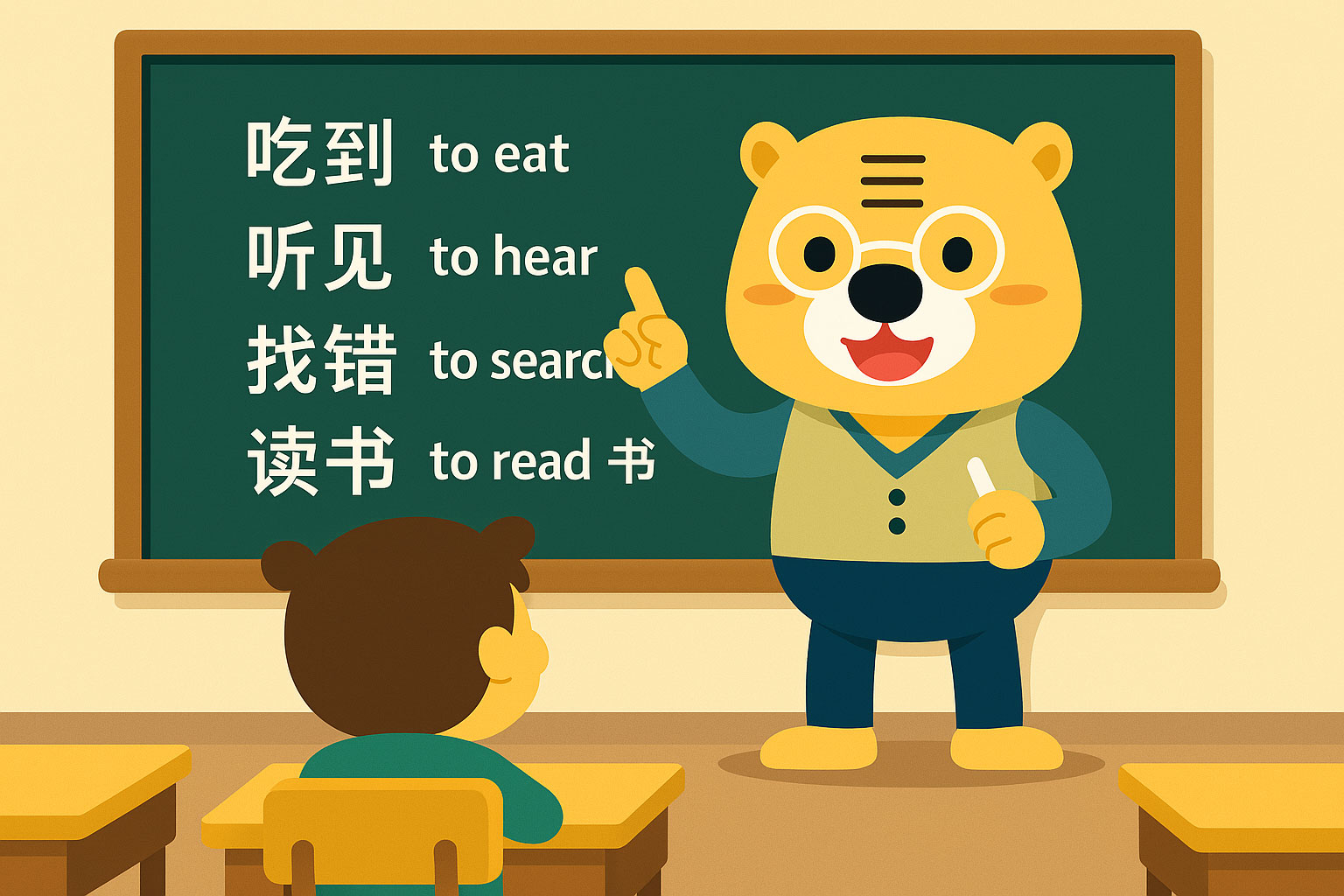 Illustrazione in stile flat di Bingo che insegna in classe con frasi alla lavagna che mostrano verbi composti cinesi come 吃到 e 听见