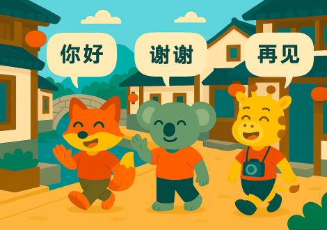 Tres alumnos de Khanji School saludan en una calle tradicional china usando frases básicas del HSK1.