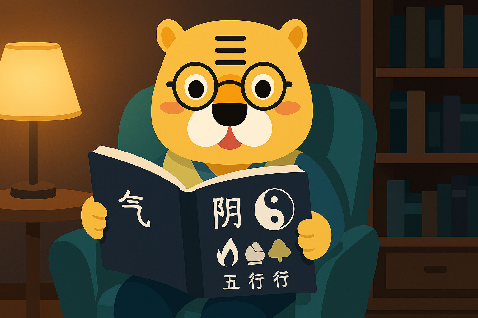 Ilustración en estilo flat de Bingo en una sala tranquila leyendo sobre medicina tradicional china, rodeado de elementos como libros antiguos y decora