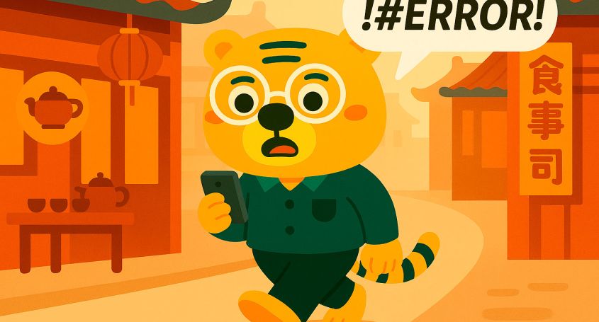 Illustration of Bingo using his phone in a traditional Chinese street with an error bubble