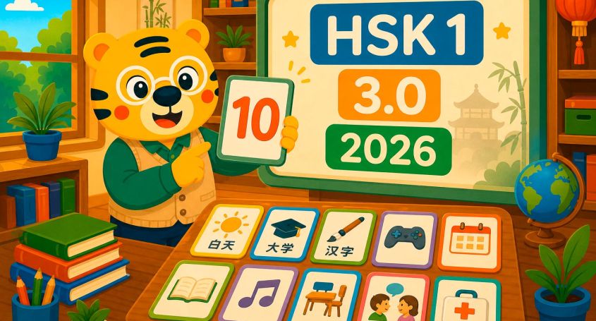 Dieci nuove parole HSK1 3.0 per il 2026 con pinyin ed esempi in cinese
