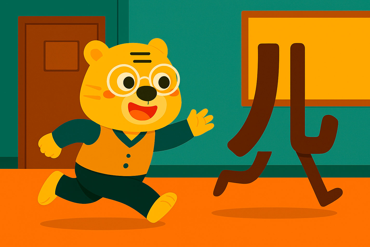 Illustrazione di Bingo che insegue il carattere 儿 in un corridoio scolastico per spiegare il fenomeno erhua in cinese mandarino