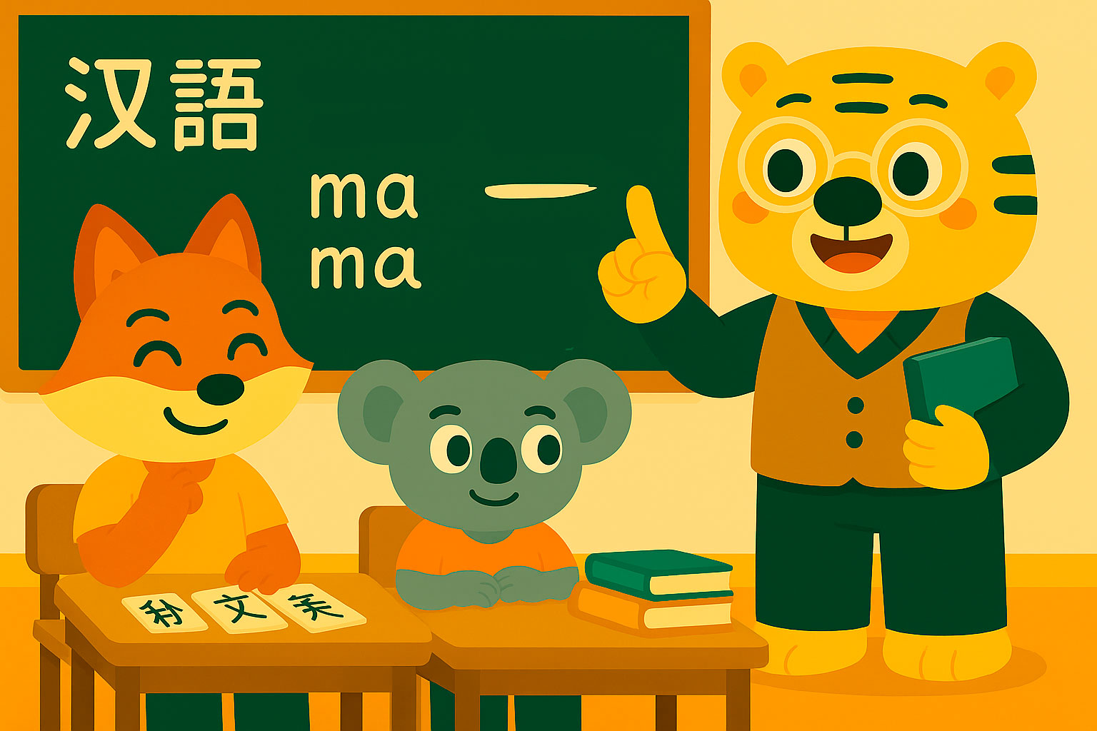 Illustrazione di una lezione di cinese con insegnante, studenti, lavagna con hanzi e flashcard HSK