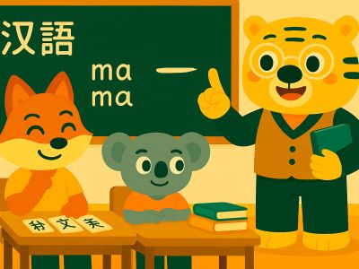 Imparare il cinese con esempi HSK: aula con hanzi e flashcard