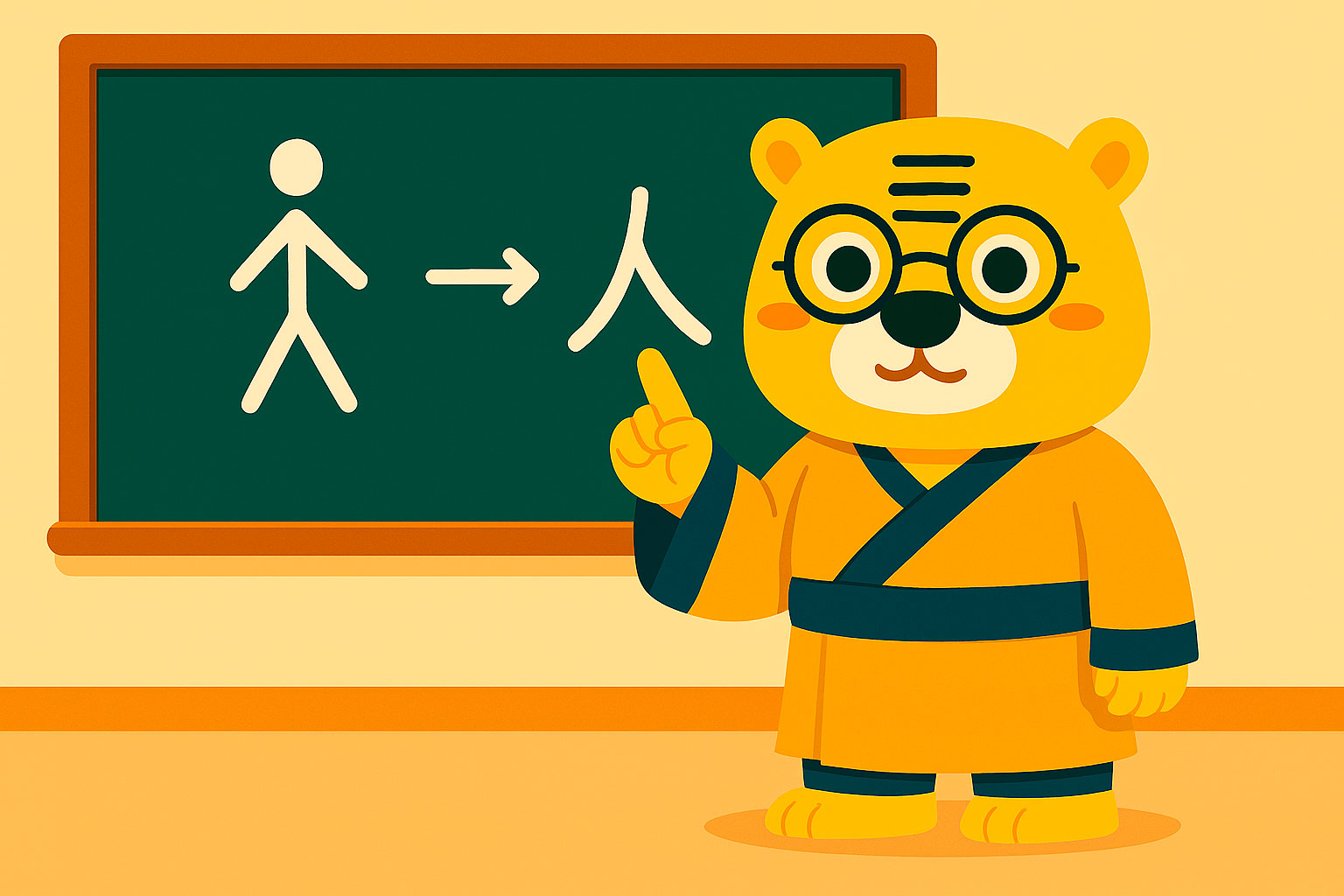 Flat 2D illustration showing Bingo in traditional Chinese clothing teaching the origin of the character 人. The chalkboard shows an ancient human-shape