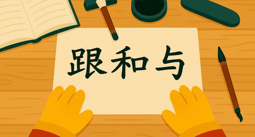 Vista cenital de una mesa de caligrafía con las palabras 跟, 和 y 与 escritas en un folio, rodeadas de pinceles, tintero y las manos de un personaje