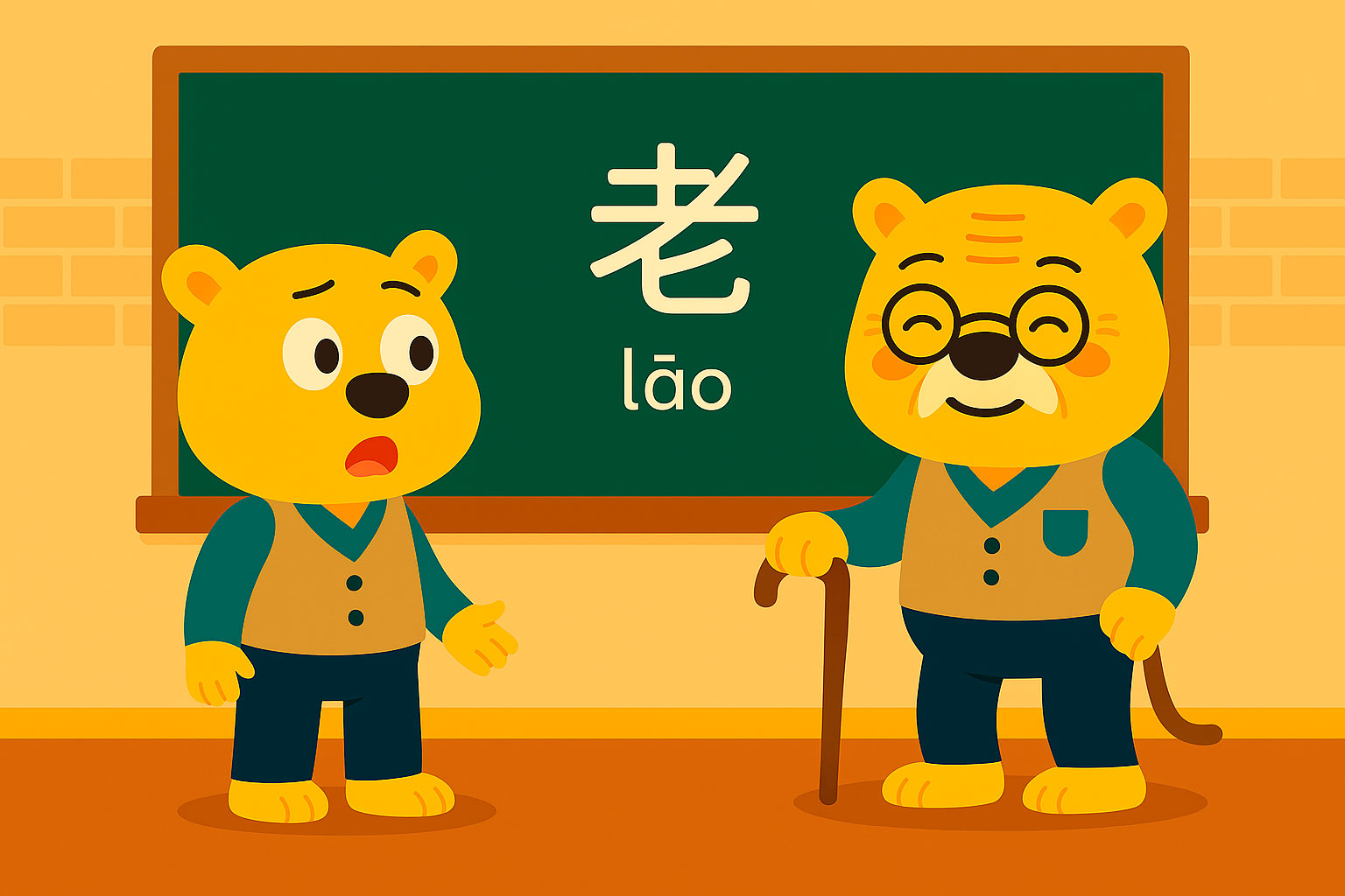 Illustration im Klassenzimmer mit Bingo und seiner gealterten Version neben der Tafel mit dem Zeichen 老