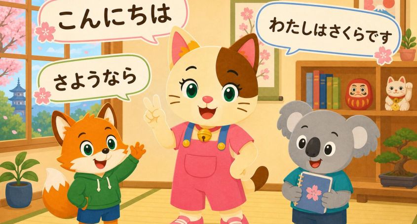 Sakura explica frases básicas y características del idioma japonés en una pizarra