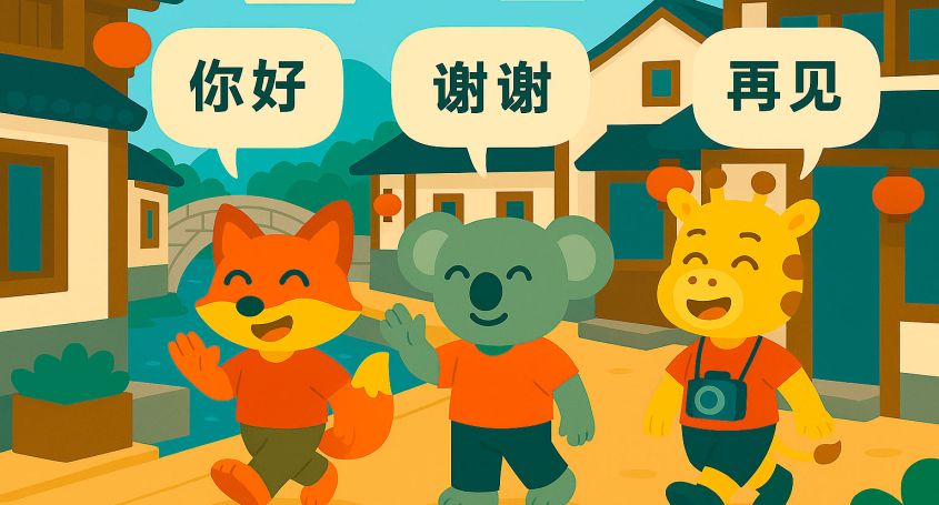 Cartoon-Illustration mit Fuchs, Koala und Giraffe, die durch eine Straße in Suzhou spazieren und auf Chinesisch mit HSK1-Sätzen grüßen.