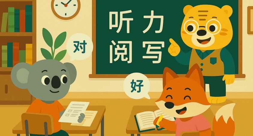 Bingo et deux élèves de la Khanji School préparent l’examen HSK en se concentrant sur l’écoute et la lecture