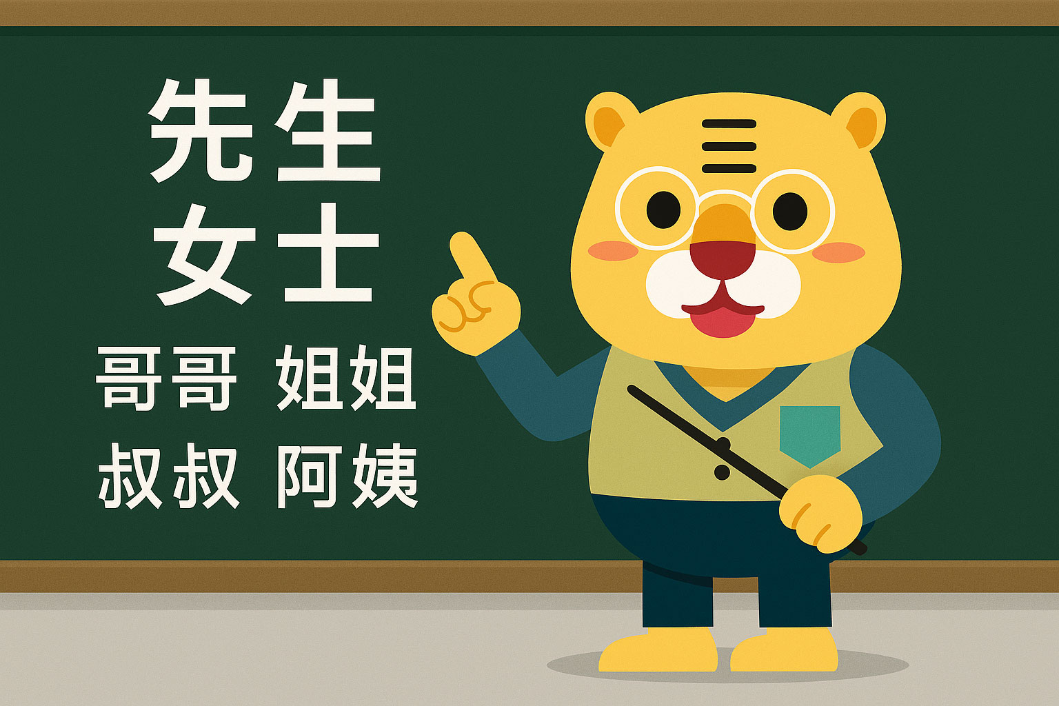 Flat-Style-Illustration von Bingo im Unterricht mit chinesischen Anredeformen wie 先生, 小姐 und 老师, dargestellt durch verschiedene Figuren