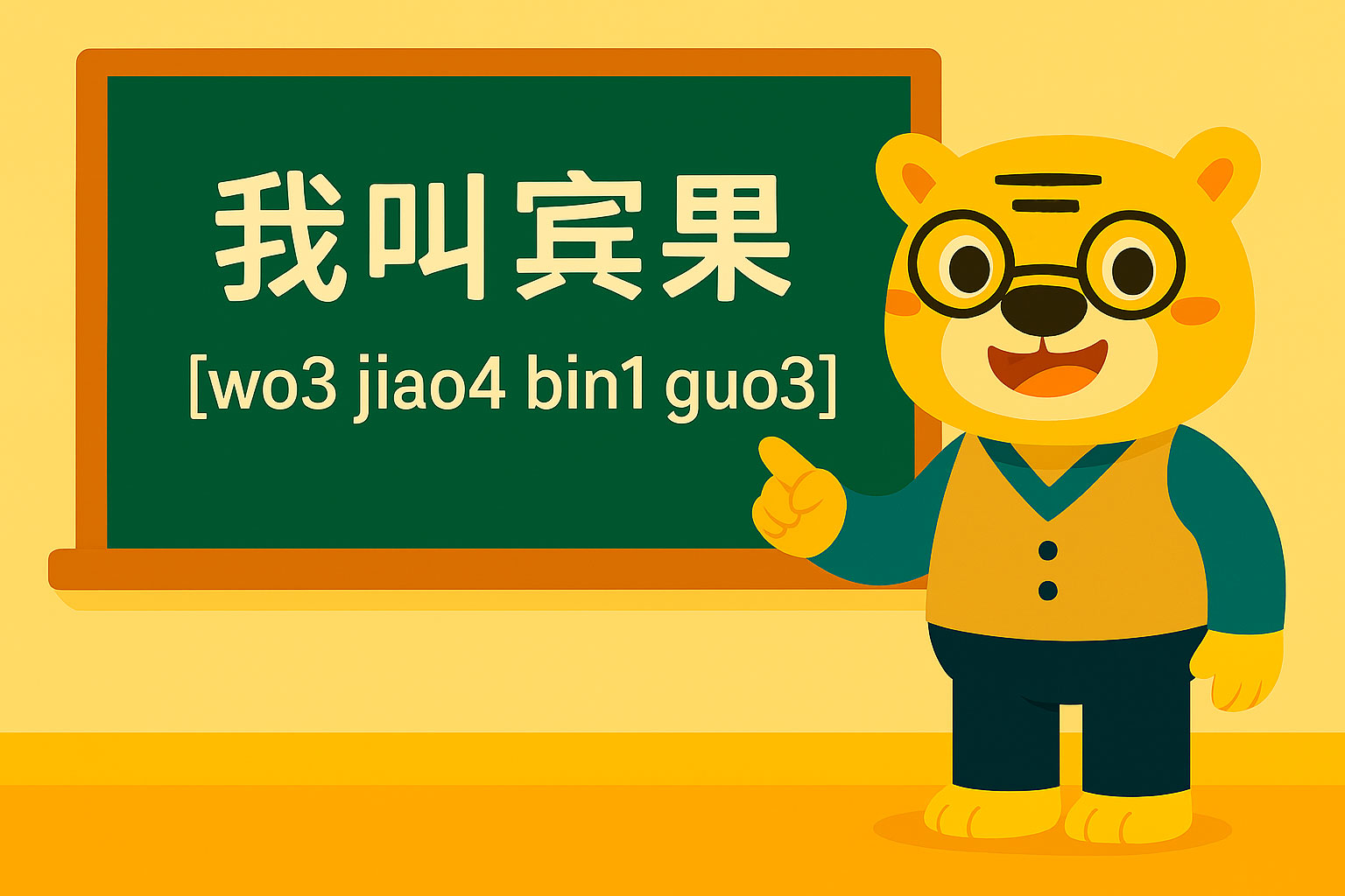 Ilustración en estilo flat 2D con Bingo, el panda profesor, junto a una pizarra donde aparece la frase “我叫宾果” con el pinyin “[wo3 jiao4 bin1 guo3]” es