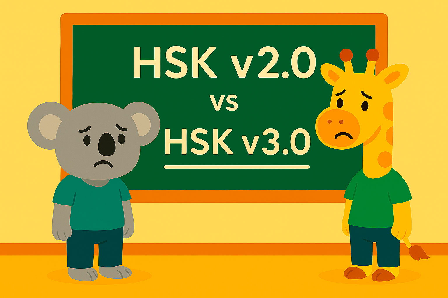 Flat 2D digital illustration featuring giraffe and koala students in front of a chalkboard at Khanji School. The board reads “HSK v2.0 vs HSK v3.0” an